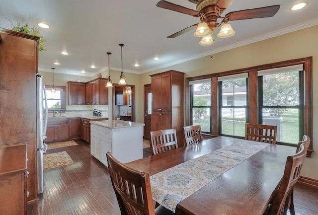 13902 Valley View Rd, Shawnee, OK 74804 - dining space featuring ceiling fan, dark wood-type flooring, ornamental molding, and recessed lighting