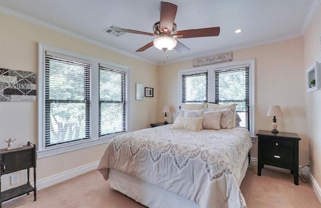 13902 Valley View Rd, Shawnee, OK 74804 - bedroom with light colored carpet, ornamental molding, and ceiling fan