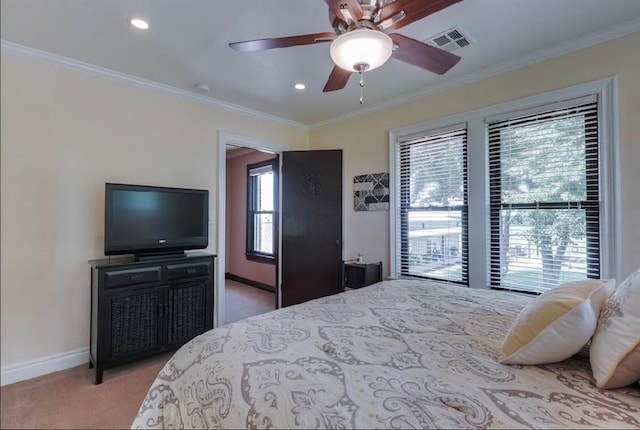 13902 Valley View Rd, Shawnee, OK 74804 - bedroom featuring light colored carpet, crown molding, recessed lighting, and ceiling fan