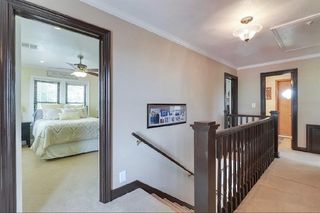13902 Valley View Rd, Shawnee, OK 74804 - corridor featuring an upstairs landing, carpet floors, and ornamental molding