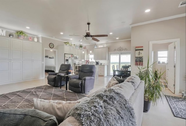 13902 Valley View Rd, Shawnee, OK 74804 - living area with ceiling fan, ornamental molding, and recessed lighting
