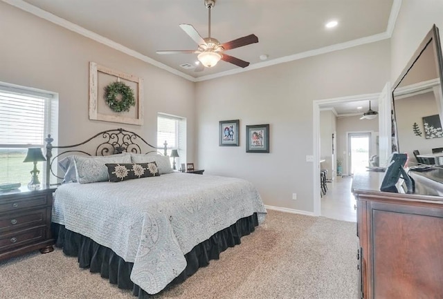13902 Valley View Rd, Shawnee, OK 74804 - bedroom with light colored carpet, multiple windows, crown molding, ceiling fan, and recessed lighting