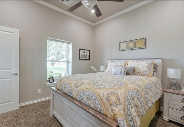 13902 Valley View Rd, Shawnee, OK 74804 - bedroom with carpet flooring, ornamental molding, and ceiling fan