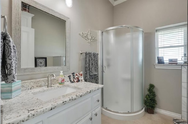 13902 Valley View Rd, Shawnee, OK 74804 - bathroom with a shower stall, vanity, and ornamental molding