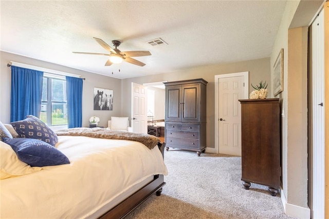 19277 E 1220th Rd, Sayre, OK 73662 - bedroom with light carpet, a ceiling fan, and a textured ceiling