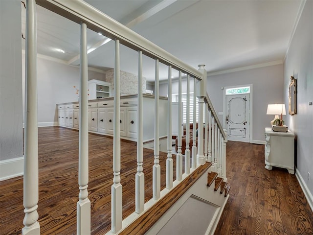 6432 Brandywine Ln, Oklahoma City, OK 73116 - hall with wood finished floors, stairway, and crown molding