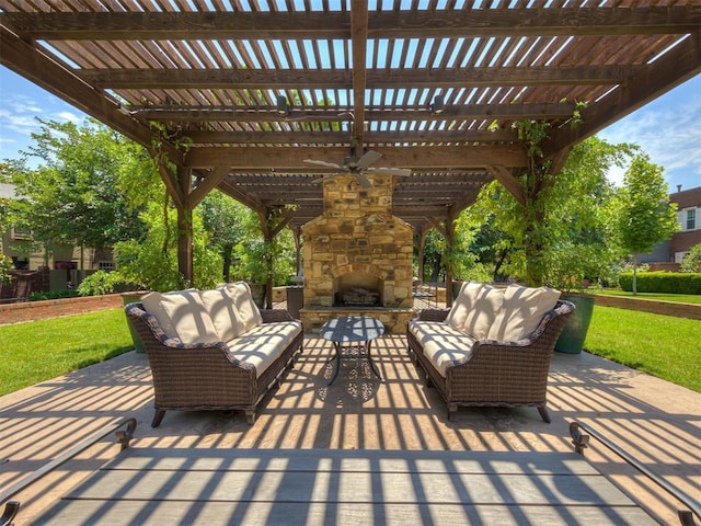 6432 Brandywine Ln, Oklahoma City, OK 73116 - view of patio featuring an outdoor living space with a fireplace, ceiling fan, and a pergola