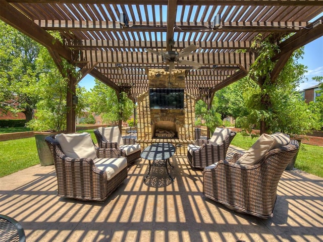 6432 Brandywine Ln, Oklahoma City, OK 73116 - view of patio / terrace with a pergola, ceiling fan, and an outdoor living space with a fireplace