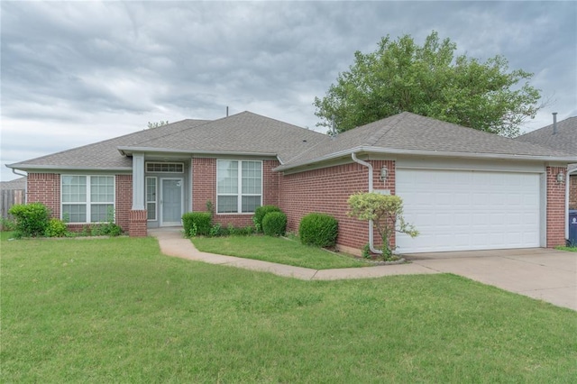 2412 NW 164th Ter, Edmond, OK 73013 - ranch-style house featuring brick siding, an attached garage, concrete driveway, roof with shingles, and a front yard