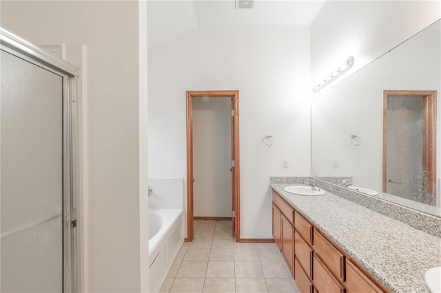 2412 NW 164th Ter, Edmond, OK 73013 - bathroom featuring double vanity, a garden tub, tile patterned floors, lofted ceiling, and a shower with shower door