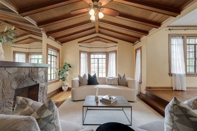 217 NW 30th St, Oklahoma City, OK 73118 - living room featuring wood finished floors, a ceiling fan, a fireplace, and wooden ceiling