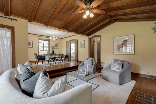 217 NW 30th St, Oklahoma City, OK 73118 - living room featuring wood finished floors, a chandelier, ceiling fan, and wood ceiling