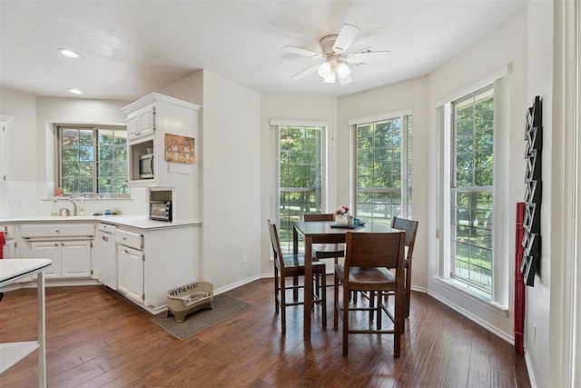 14601 Billy Dr, Edmond, OK 73034 - dining area featuring plenty of natural light, ceiling fan, dark wood-type flooring, and recessed lighting