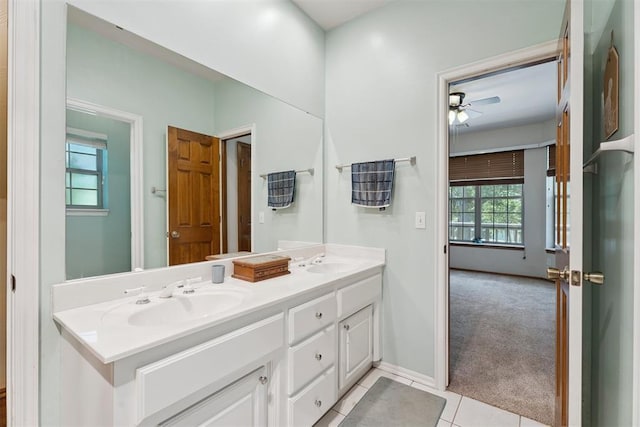 14601 Billy Dr, Edmond, OK 73034 - bathroom featuring double vanity, ceiling fan, and tile patterned flooring