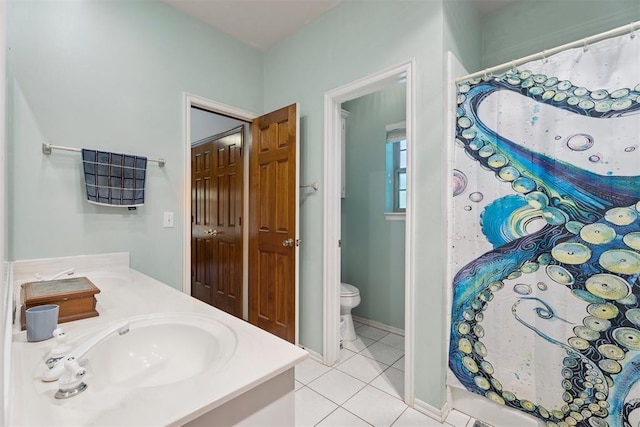 14601 Billy Dr, Edmond, OK 73034 - bathroom with tile patterned floors, vanity, and curtained shower