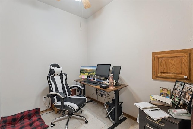 14601 Billy Dr, Edmond, OK 73034 - office with light tile patterned flooring, ceiling fan, and lofted ceiling