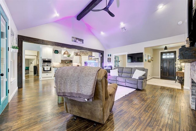14716 Turkey Hills Rd, Newalla, OK 74857 - living room featuring a ceiling fan, high vaulted ceiling, dark wood-type flooring, and beamed ceiling