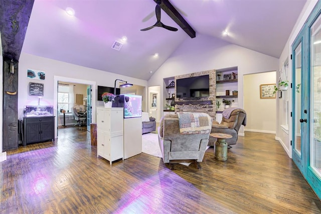 14716 Turkey Hills Rd, Newalla, OK 74857 - living room with a ceiling fan, beam ceiling, wood finished floors, recessed lighting, and high vaulted ceiling