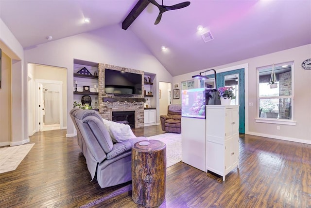 14716 Turkey Hills Rd, Newalla, OK 74857 - living area featuring a ceiling fan, dark wood-type flooring, and a glass covered fireplace