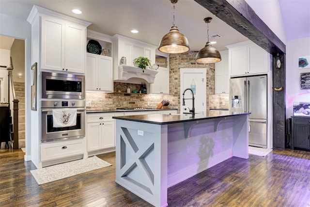 14716 Turkey Hills Rd, Newalla, OK 74857 - kitchen with stainless steel appliances, dark countertops, open shelves, backsplash, and recessed lighting