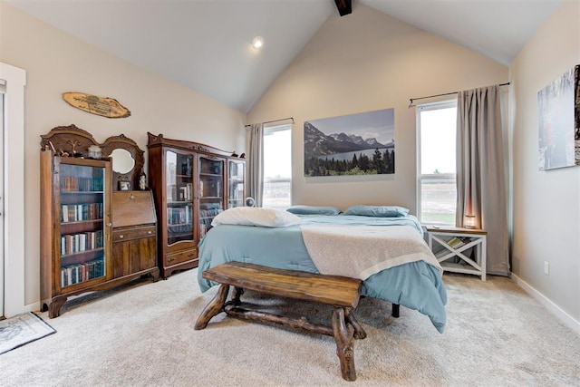 14716 Turkey Hills Rd, Newalla, OK 74857 - bedroom with multiple windows, carpet, high vaulted ceiling, beam ceiling, and recessed lighting