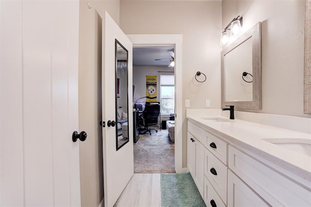 14716 Turkey Hills Rd, Newalla, OK 74857 - bathroom with double vanity and ceiling fan