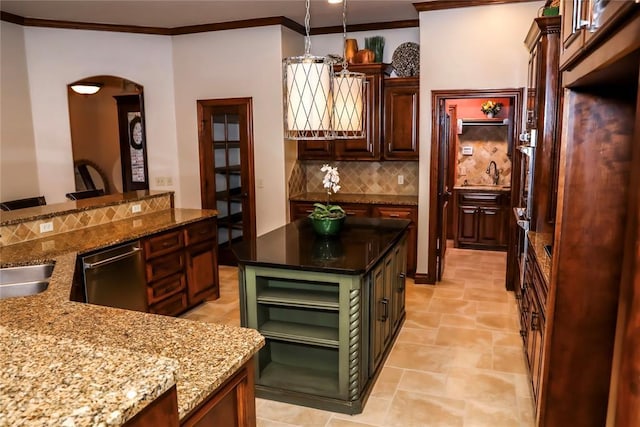16721 Village Garden Dr, Edmond, OK 73012 - kitchen featuring decorative backsplash, dishwasher, ornamental molding, arched walkways, and light stone counters