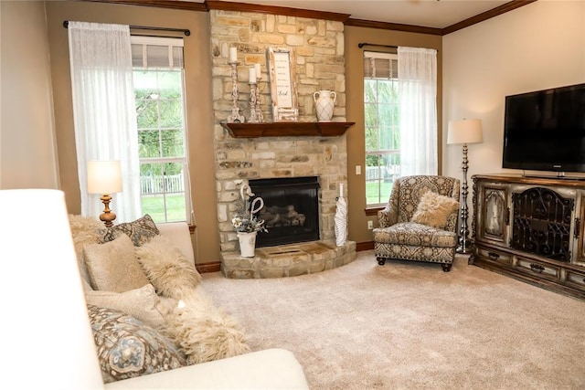 16721 Village Garden Dr, Edmond, OK 73012 - carpeted living room with ornamental molding and a stone fireplace