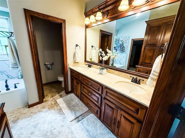 16721 Village Garden Dr, Edmond, OK 73012 - full bathroom with double vanity, tile patterned flooring, and a tub to relax in