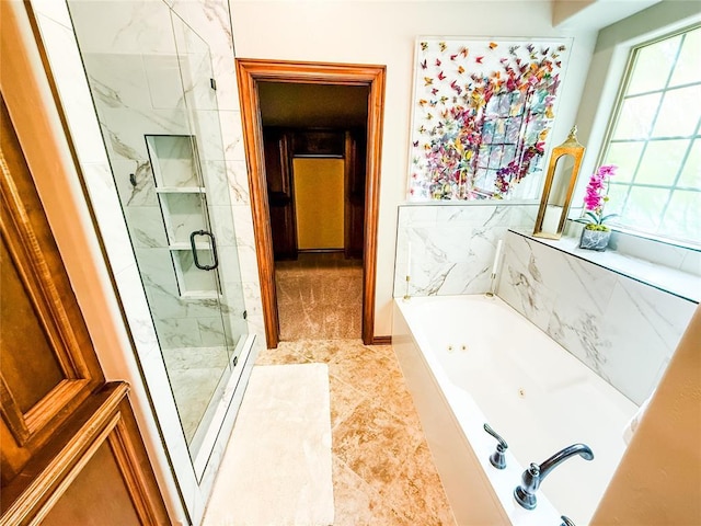16721 Village Garden Dr, Edmond, OK 73012 - full bath featuring a marble finish shower, a tub with jets, and tile patterned flooring