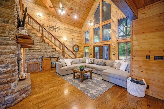 25 Paint Horse Cir, Broken Bow, OK 74728 - living area featuring high vaulted ceiling, a ceiling fan, wood finished floors, wood ceiling, and wood walls