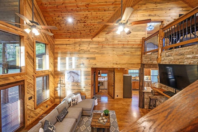 25 Paint Horse Cir, Broken Bow, OK 74728 - living area featuring ceiling fan, wooden walls, high vaulted ceiling, wood finished floors, and wooden ceiling