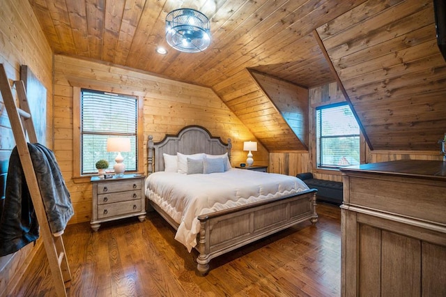 25 Paint Horse Cir, Broken Bow, OK 74728 - bedroom with wooden ceiling, wooden walls, lofted ceiling, and dark wood-style floors