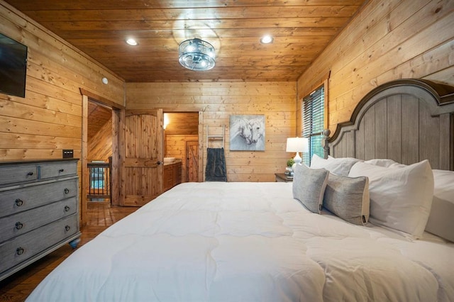 25 Paint Horse Cir, Broken Bow, OK 74728 - bedroom with wooden ceiling, wooden walls, dark wood finished floors, and recessed lighting