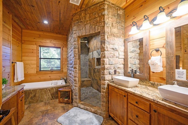 25 Paint Horse Cir, Broken Bow, OK 74728 - bathroom featuring wooden ceiling, double vanity, a bath, walk in shower, and wood walls