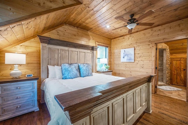 25 Paint Horse Cir, Broken Bow, OK 74728 - bedroom featuring wooden ceiling, wood walls, vaulted ceiling, dark wood-style floors, and ceiling fan