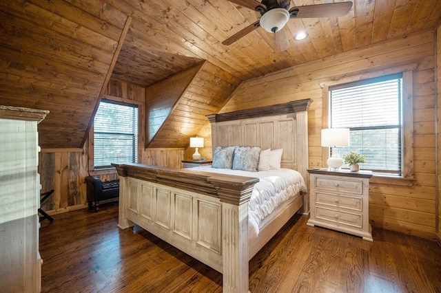 25 Paint Horse Cir, Broken Bow, OK 74728 - bedroom featuring wooden ceiling, wood walls, vaulted ceiling, dark wood-style floors, and a ceiling fan