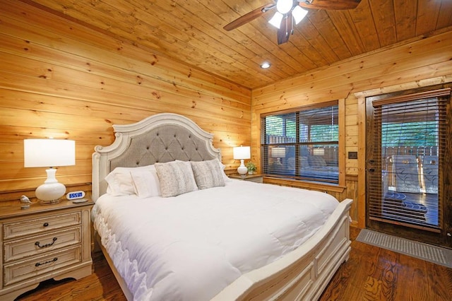 25 Paint Horse Cir, Broken Bow, OK 74728 - bedroom featuring wooden ceiling, wood-type flooring, wooden walls, access to exterior, and a ceiling fan