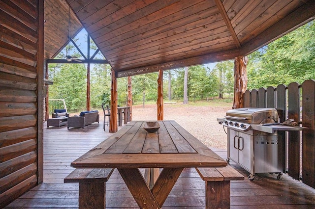 25 Paint Horse Cir, Broken Bow, OK 74728 - view of patio / terrace with a wooden deck, ceiling fan, a grill, and outdoor dining area