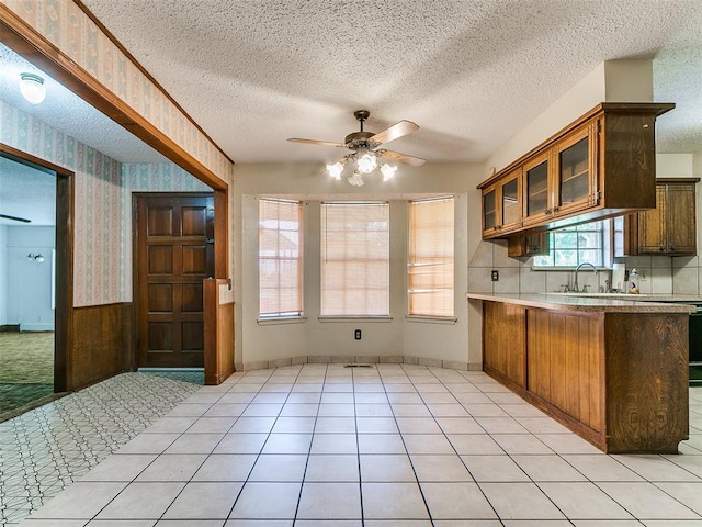 14601 Prairie Ln, Oklahoma City, OK 73165 - kitchen with a ceiling fan, a textured ceiling, a peninsula, glass insert cabinets, and light countertops