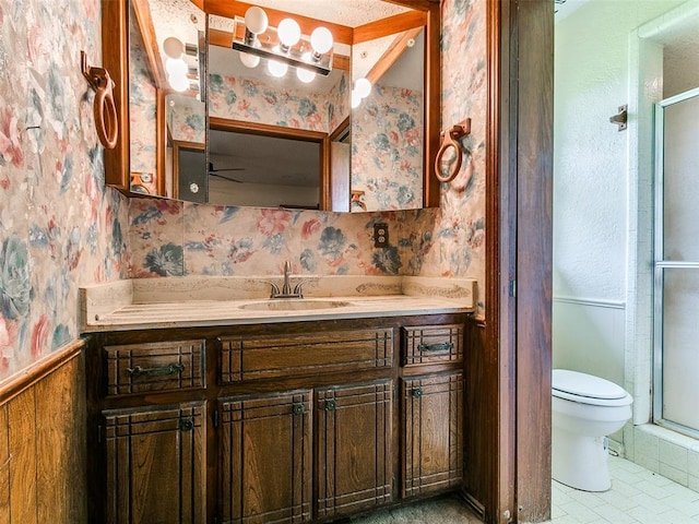 14601 Prairie Ln, Oklahoma City, OK 73165 - full bath featuring wallpapered walls, vanity, a shower stall, and tile patterned floors