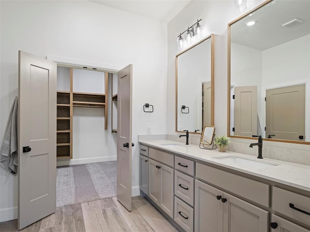 408 Nantucket Blvd, Norman, OK 73071 - bathroom with double vanity, a spacious closet, and wood finished floors