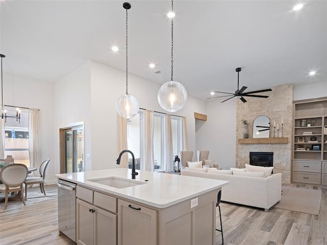 408 Nantucket Blvd, Norman, OK 73071 - kitchen with dishwasher, light wood-style floors, ceiling fan, an island with sink, and recessed lighting