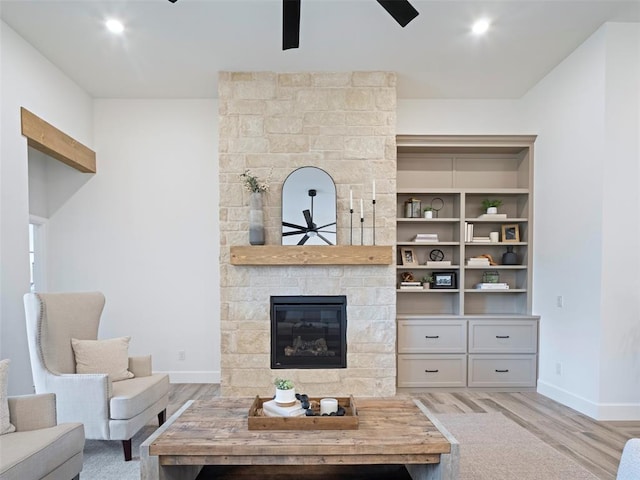 408 Nantucket Blvd, Norman, OK 73071 - living area with a ceiling fan, a large fireplace, light wood-style flooring, and recessed lighting
