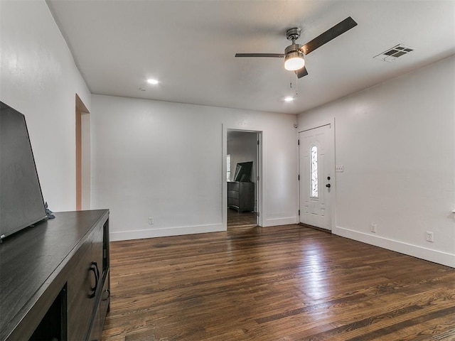 2016 Hardin Dr, Oklahoma City, OK 73111 - entrance foyer featuring a ceiling fan, dark wood-type flooring, and recessed lighting