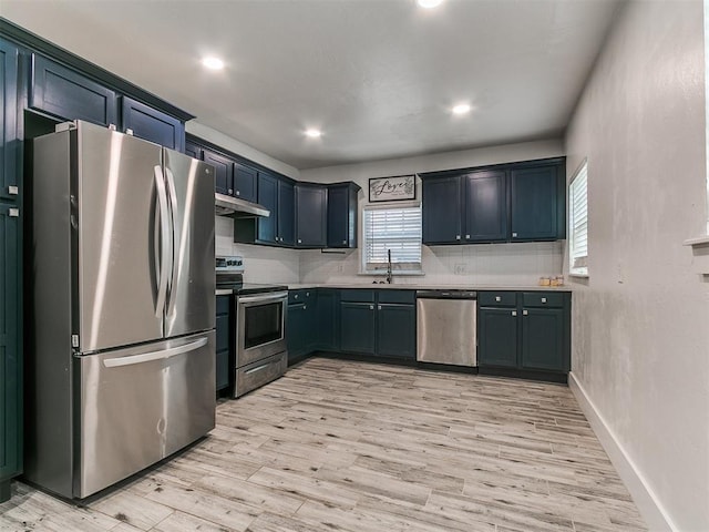 2016 Hardin Dr, Oklahoma City, OK 73111 - kitchen with appliances with stainless steel finishes, light countertops, backsplash, light wood-style flooring, and under cabinet range hood