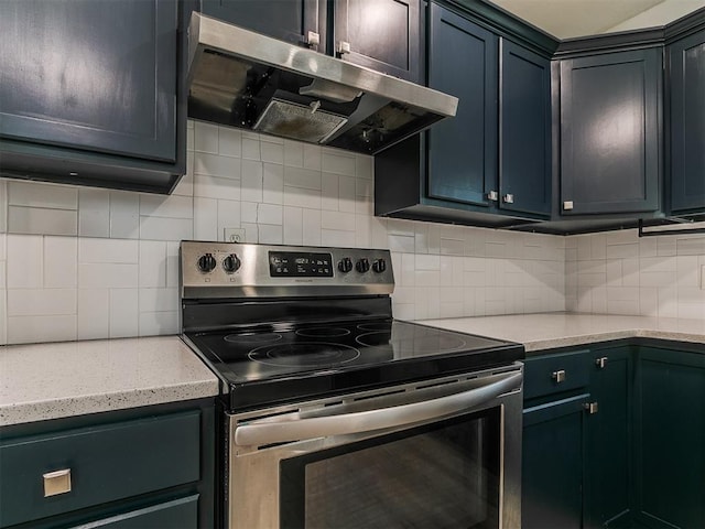 2016 Hardin Dr, Oklahoma City, OK 73111 - kitchen featuring stainless steel electric range, extractor fan, tasteful backsplash, and light stone countertops