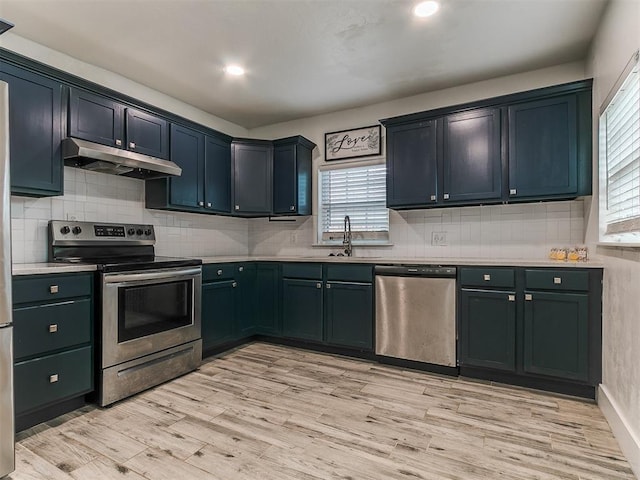 2016 Hardin Dr, Oklahoma City, OK 73111 - kitchen with appliances with stainless steel finishes, under cabinet range hood, light countertops, light wood finished floors, and backsplash