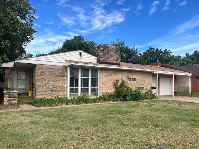 601 N Broadway St, Hobart, OK 73651 - view of side of property featuring stone siding, a chimney, a yard, and a garage