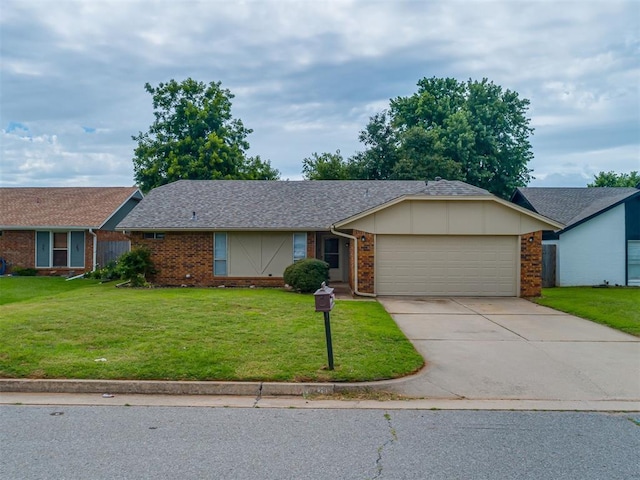 10428 Fairfax Ln, Yukon, OK 73099 - ranch-style home with brick siding, a front lawn, a garage, and driveway